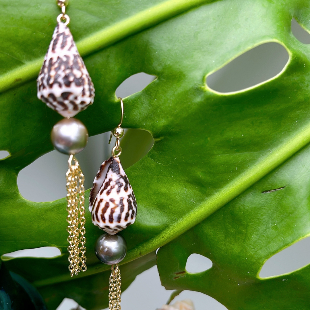 Hebrew Shells on 14K Gold Filled Fish Hook Ear Wires Adorned on Tahitian Pearls and Gold Chain Tassels
