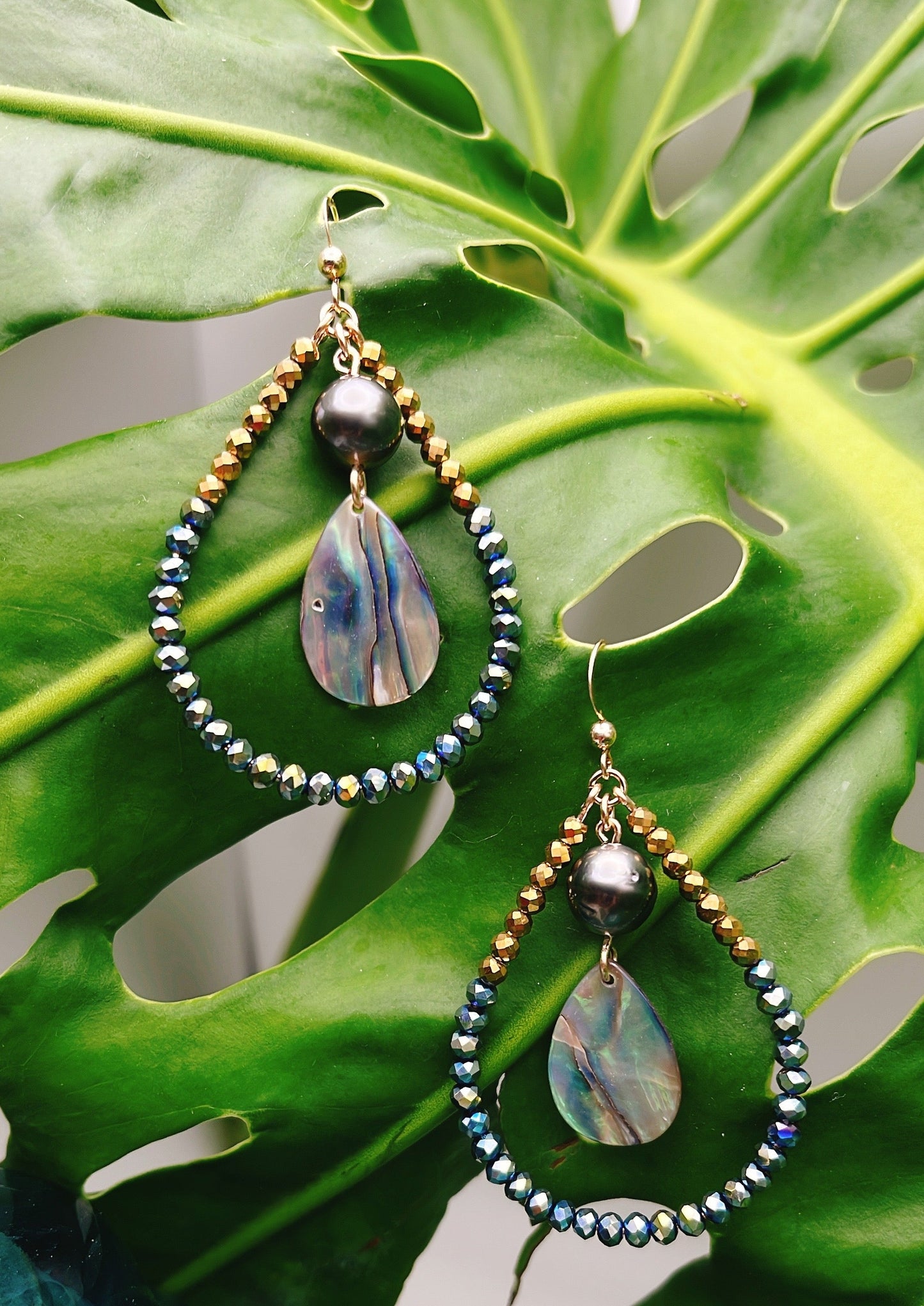 Teardrop Hoops with Gold Hematite Beads & Hematite Crystals with Tahitian Pearls & New Zealand Paua Disc