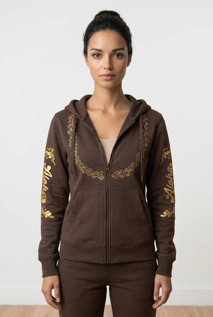 Chocolate Ginger Lei Front Zippered Hoodie