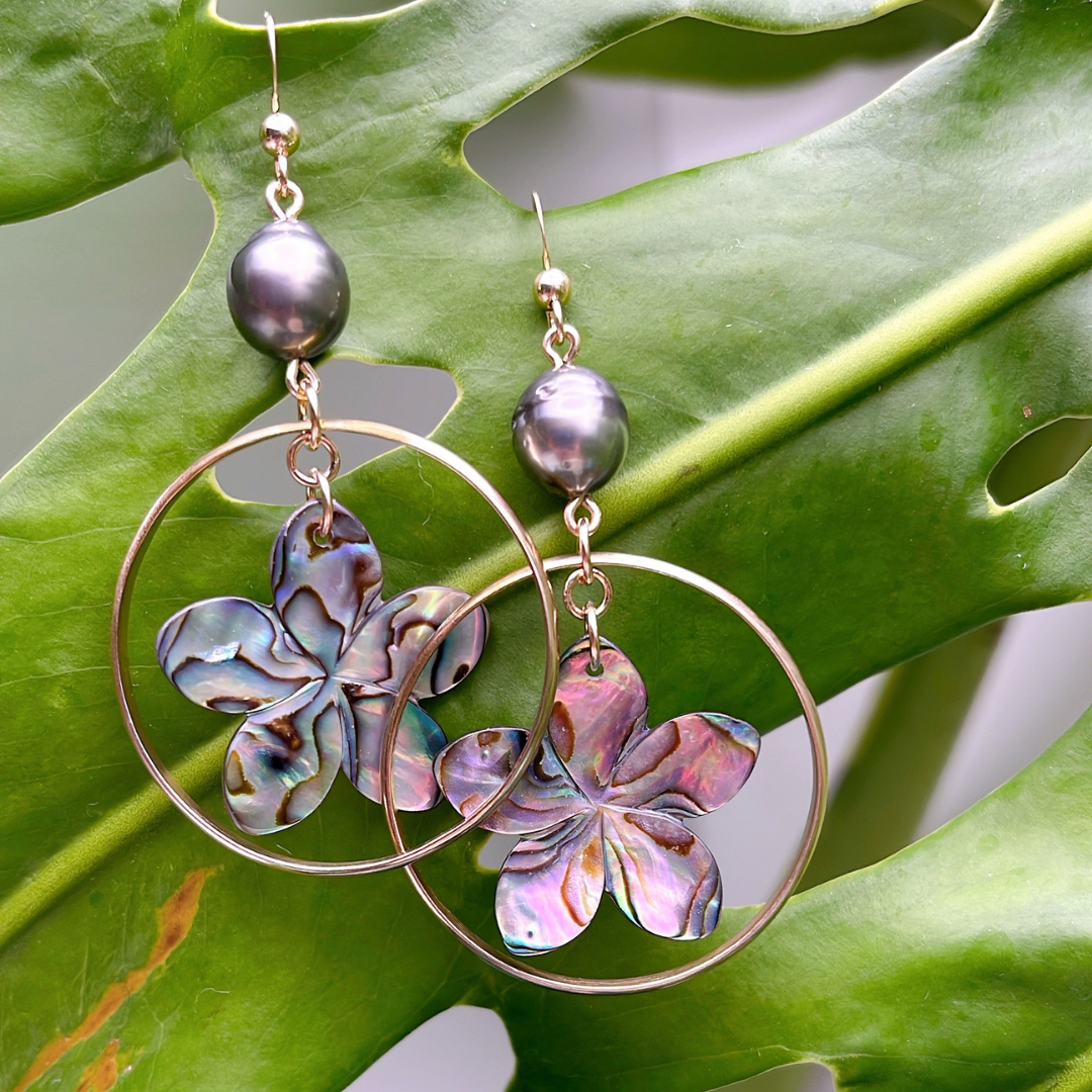New Zealand Paua Tiare with Tahitian Pearl Hoop Earrings - 2" 14K Gold Filled or .925 Sterling Silver