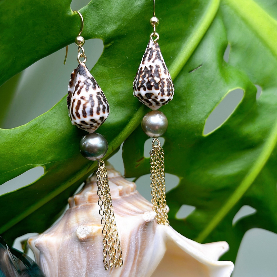 Hebrew Shells on 14K Gold Filled Fish Hook Ear Wires Adorned on Tahitian Pearls and Gold Chain Tassels