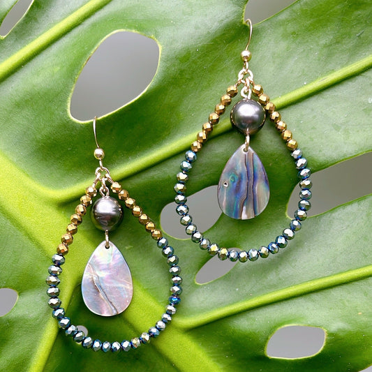 Teardrop Hoops with Gold Hematite Beads & Hematite Crystals with Tahitian Pearls & New Zealand Paua Disc